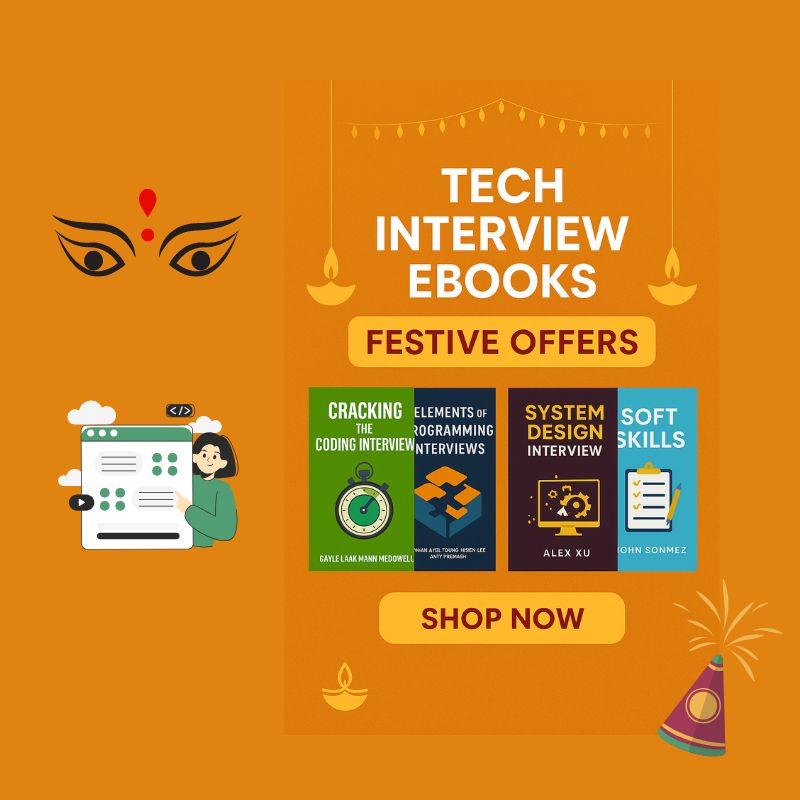 Promotional graphic for tech interview ebooks with books and a 'Shop Now' button on an orange background.