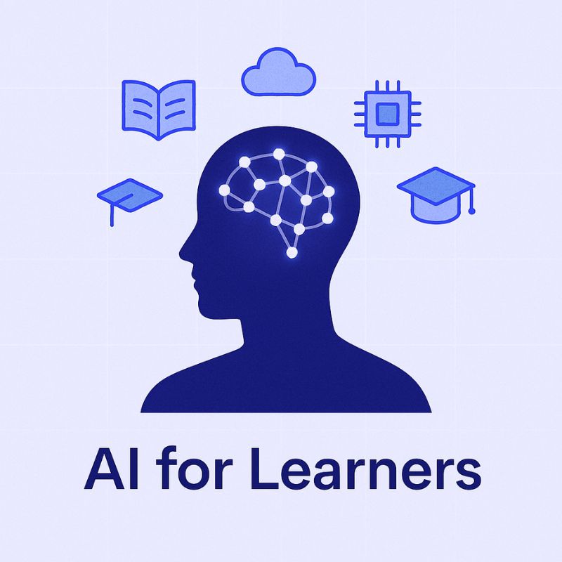 Silhouette of a head with a brain illustration, surrounded by icons on a light blue background with 'AI for Learners' text.
