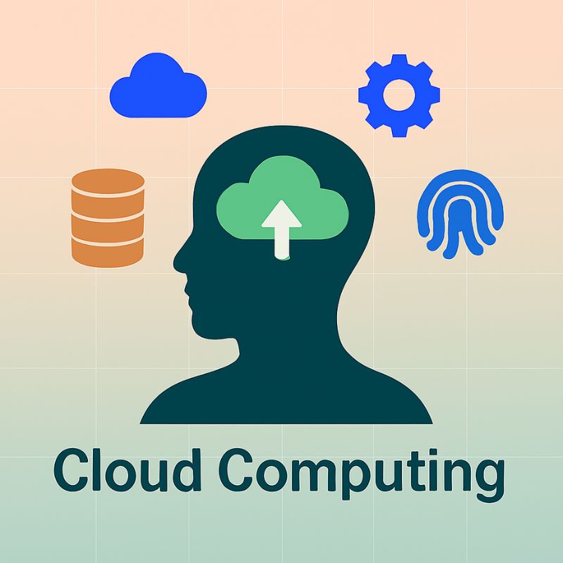 Silhouette of a head with cloud icons and 'Cloud Computing' text on a gradient background
