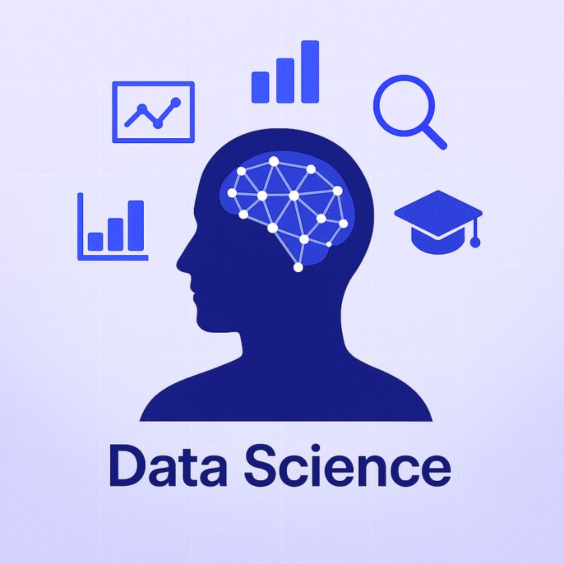 Silhouette of a person's head with brain illustration, educational cap, and data icons on a light purple background with 'Data Science' text.