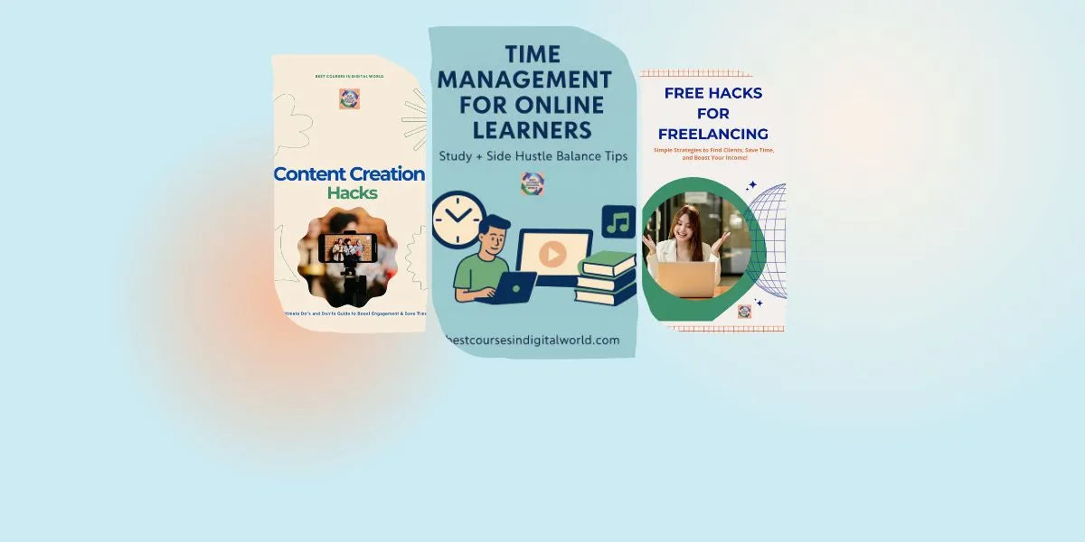 Three book covers on a light blue background with text about time management for online learners.