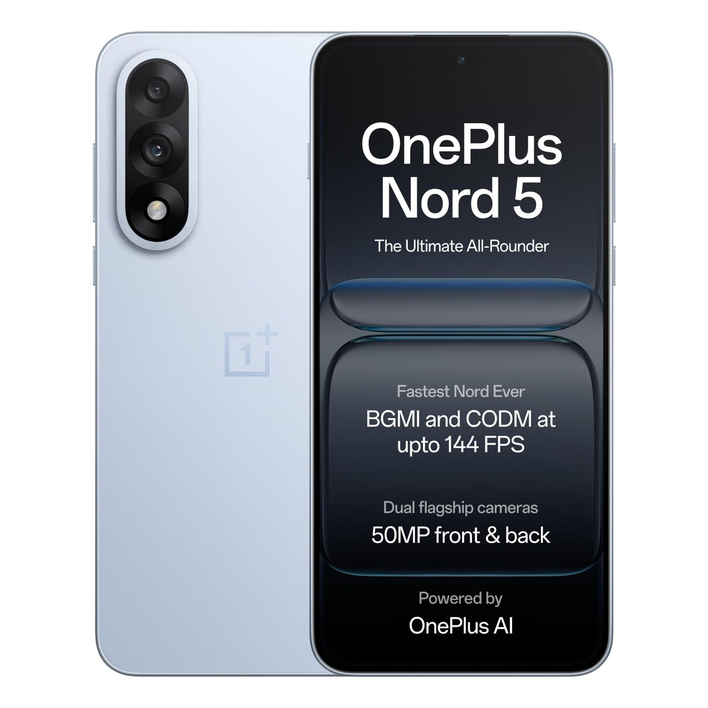 OnePlus Nord 5 smartphone showing front and back on a white background