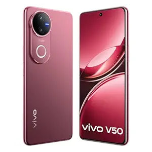 Red Vivo V50 smartphone showing front and back on a white background