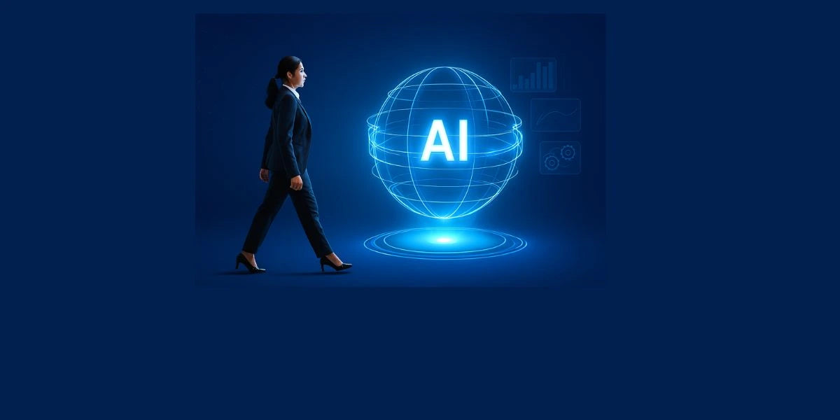 Person walking towards a glowing sphere with 'AI' symbol on a dark blue background