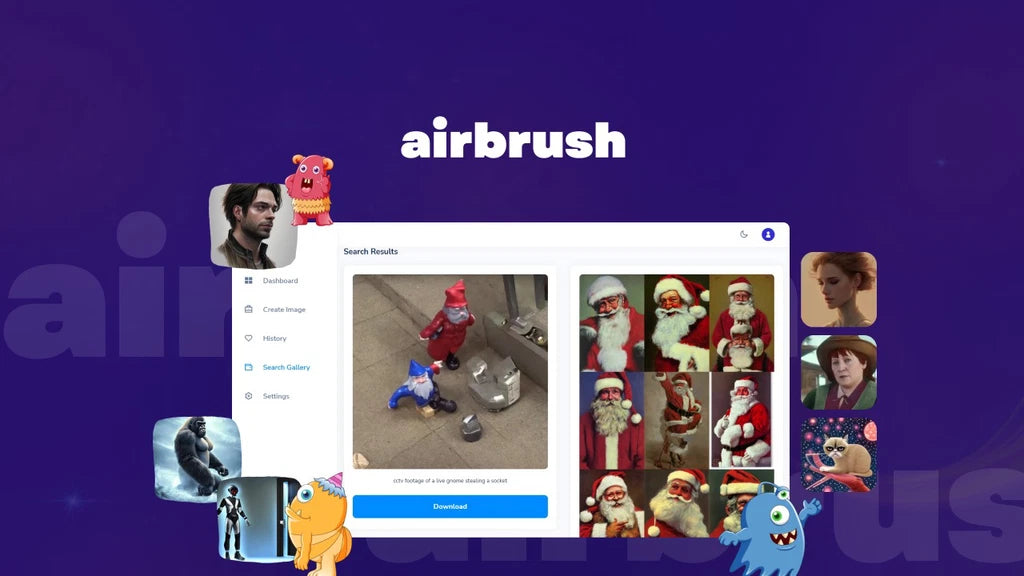 Airbrush software interface with character selection and customization options on a blue background.