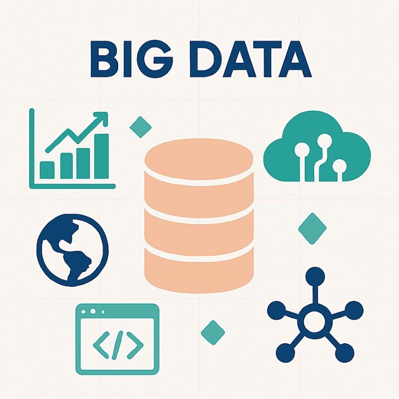 Icons and graphics related to big data on a white background