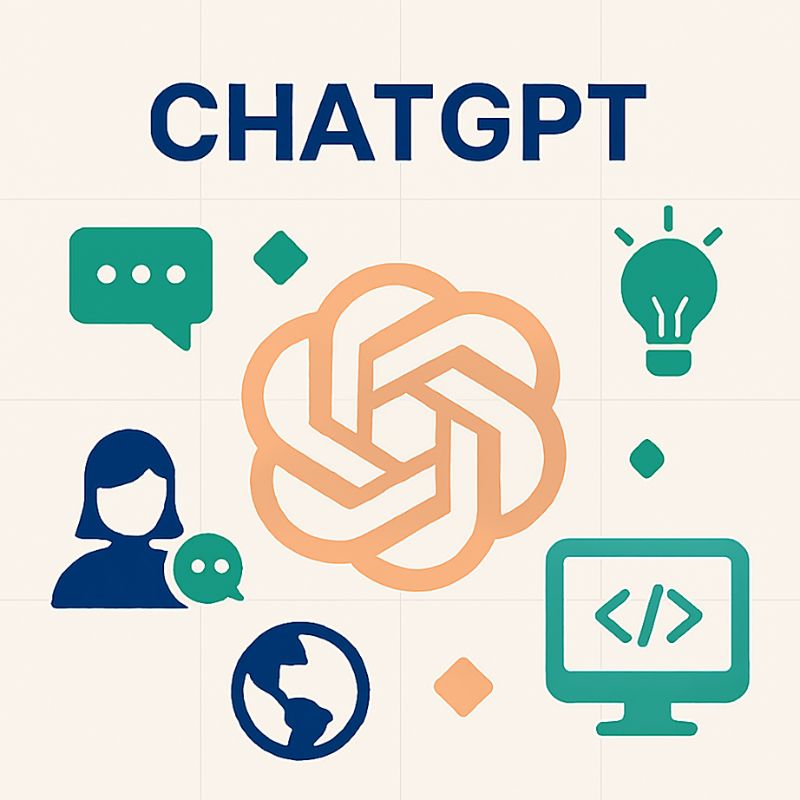 CHATGPT logo with icons representing conversation, brain, light bulb, user, globe, and computer.