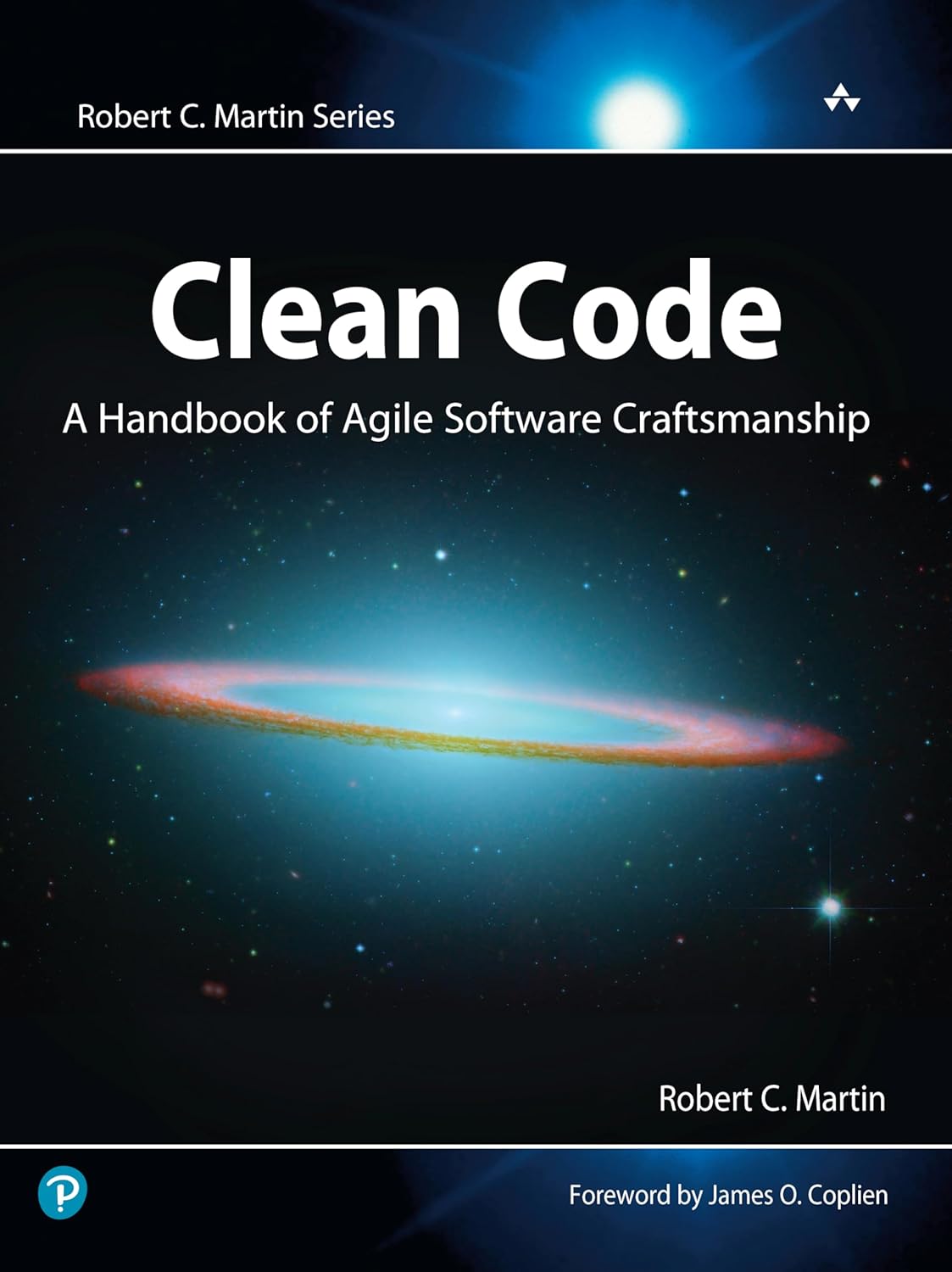 Book cover for 'Clean Code: A Handbook of Agile Software Craftsmanship' by Robert C. Martin, featuring a space galaxy graphic on a black background with white title text.