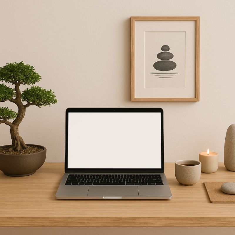 Laptop on a wooden desk with a potted plant, framed art, and decorative items.