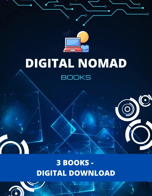 Digital Nomad Books promotional graphic with a blue and black background featuring geometric shapes and a laptop icon.