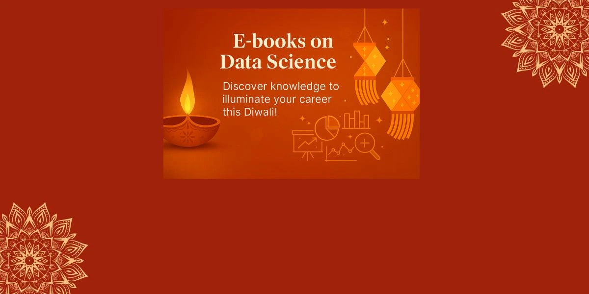 Promotional banner for e-books on Data Science with a Diwali theme, featuring a candle and decorative elements on an orange background.