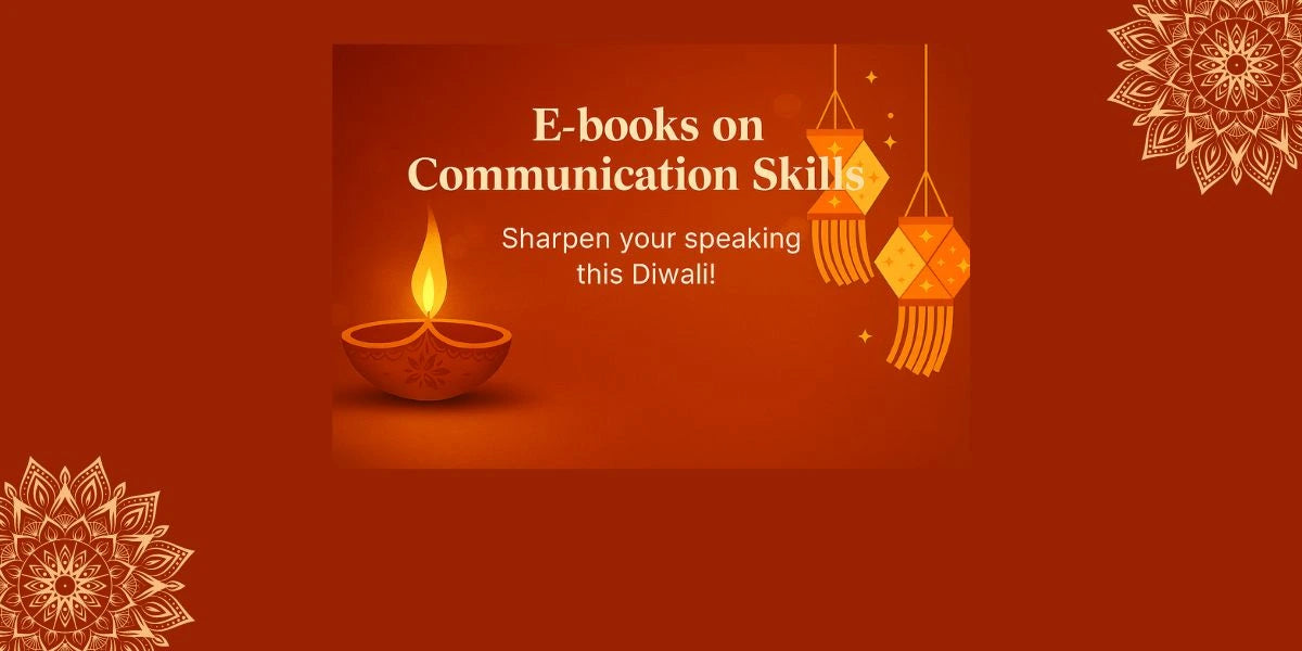 Promotional banner for e-books on communication skills with a Diwali theme, featuring a lit lamp and decorative elements.