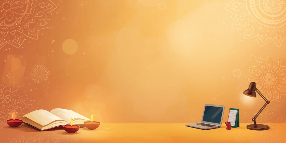 Laptop, tablet, and books on a desk with a warm, decorative background