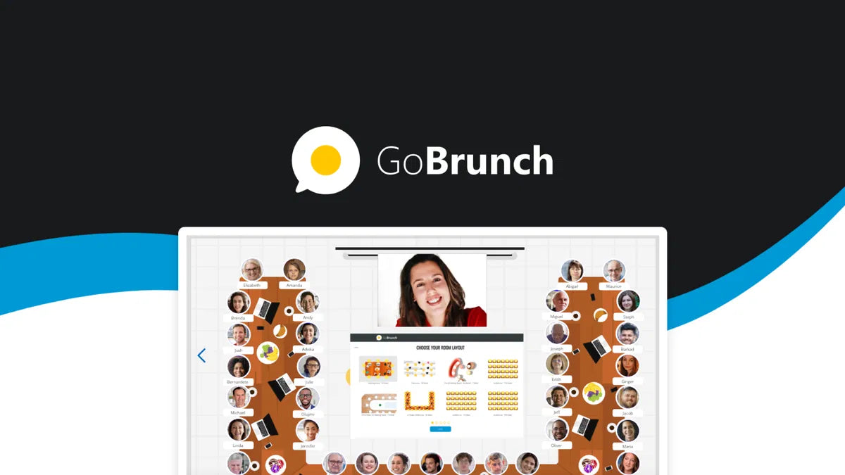 GoBrunch app interface on a tablet with a black and blue background