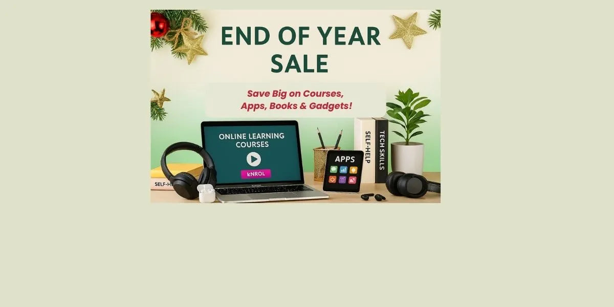 End of year sale advertisement with laptop, books, and gadgets on a light green background