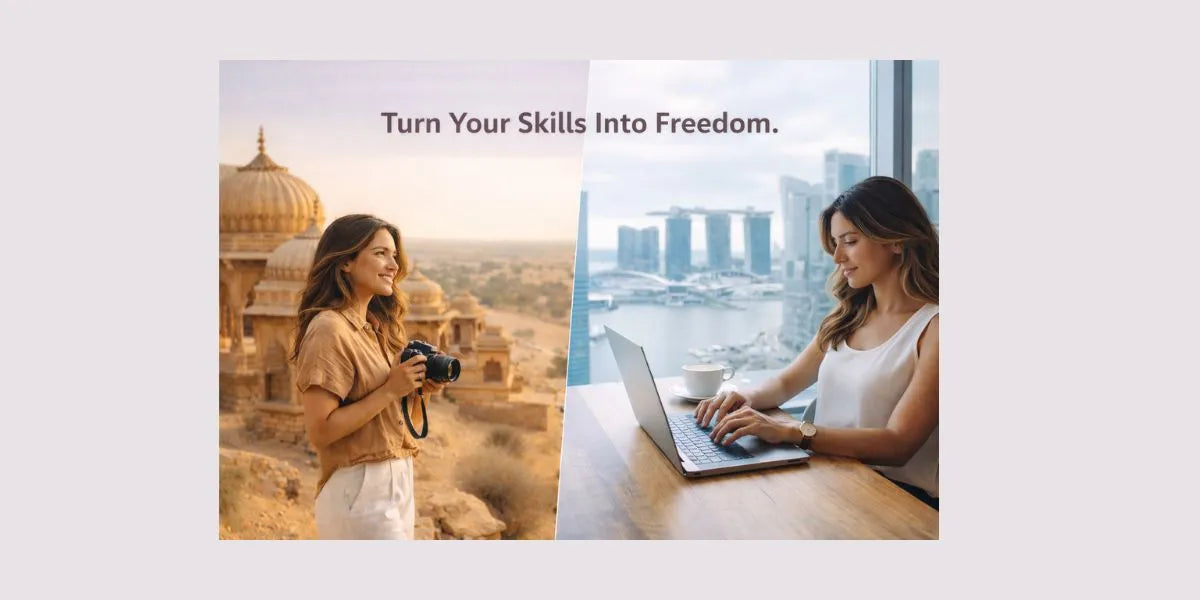 Two images side by side: one of a woman with a camera in an outdoor setting, the other of a woman at a desk with a laptop in an indoor setting. Text 'Turn Your Skills Into Freedom' is displayed.