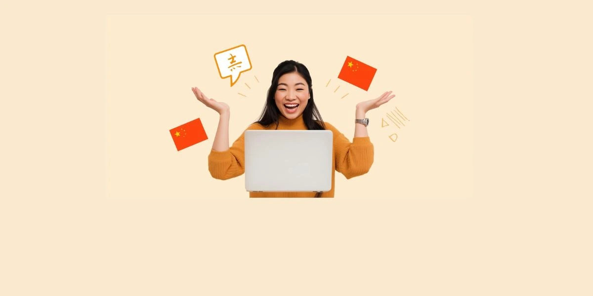 Woman holding a laptop with various icons above her on a beige background