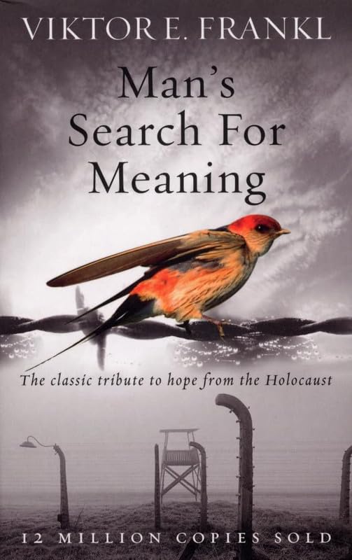 Book cover of 'Man's Search for Meaning' with a bird on a barbed wire fence.