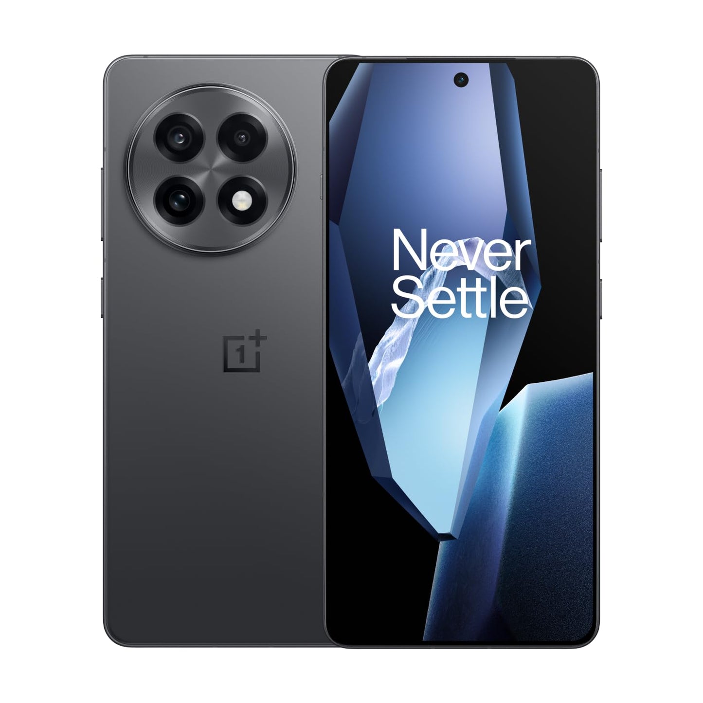 OnePlus smartphone showing back and front views with 'Never Settle' slogan.