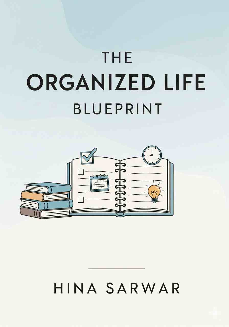 Book cover of 'The Organized Life Blueprint' by Hina Sarwar with illustrations of a notebook, books, and a clock.
