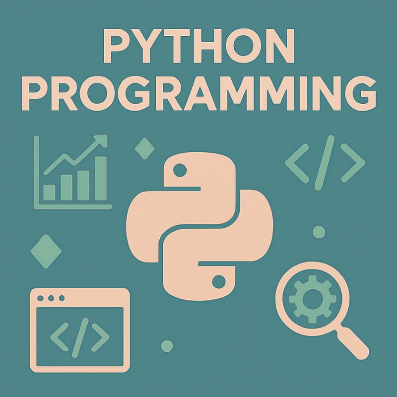 Python programming graphic with snake logo, code symbols, and magnifying glass on teal background