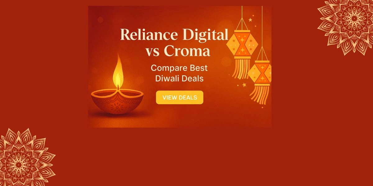 Promotional banner comparing Reliance Digital and Croma for Diwali deals with a lit lamp and decorative elements on a red background.
