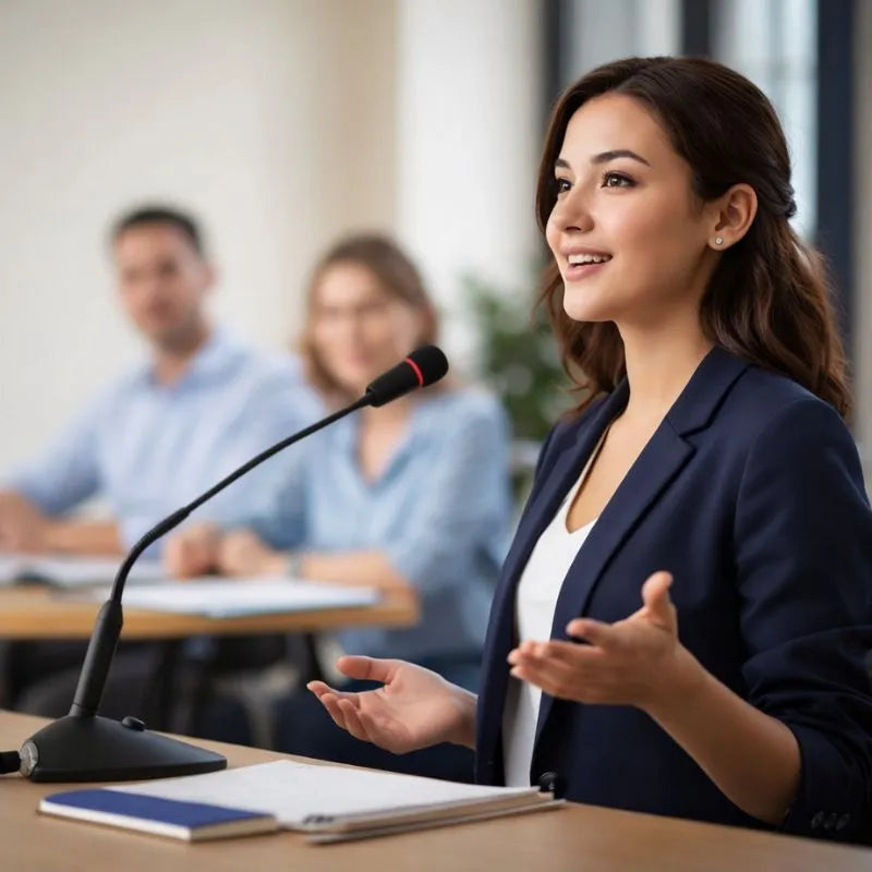 Woman speaking at a conference with a microphone and blurred audience in the background