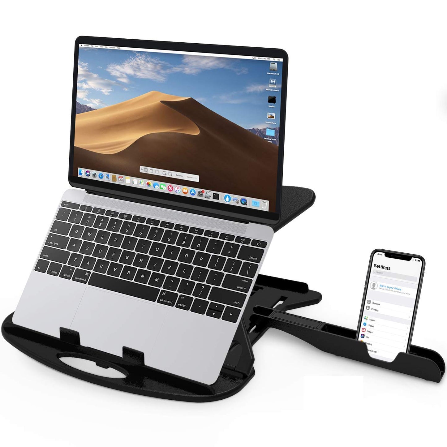 Laptop stand with a laptop and smartphone on a white background