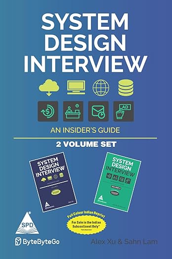 Book cover of 'System Design Interview' with icons and text on a blue background