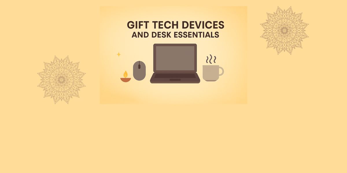 Promotional graphic for gift tech devices and desk essentials on a beige background with laptop, mouse, and coffee cup icons.