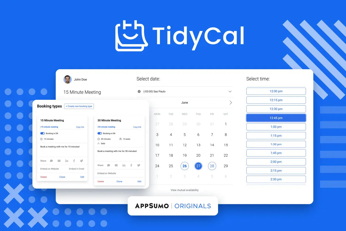 TidyCal software interface on a blue background with branding elements.