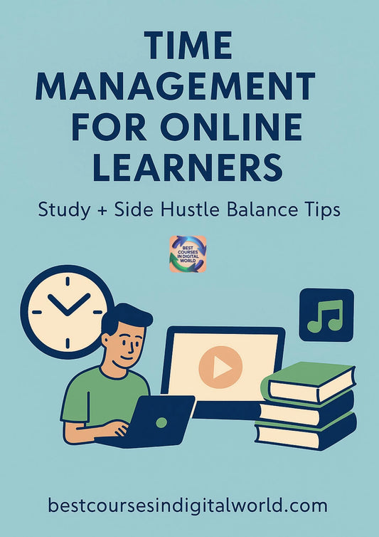 Book cover with text 'Time Management for Online Learners' and a person working on a laptop, surrounded by study materials and a clock.