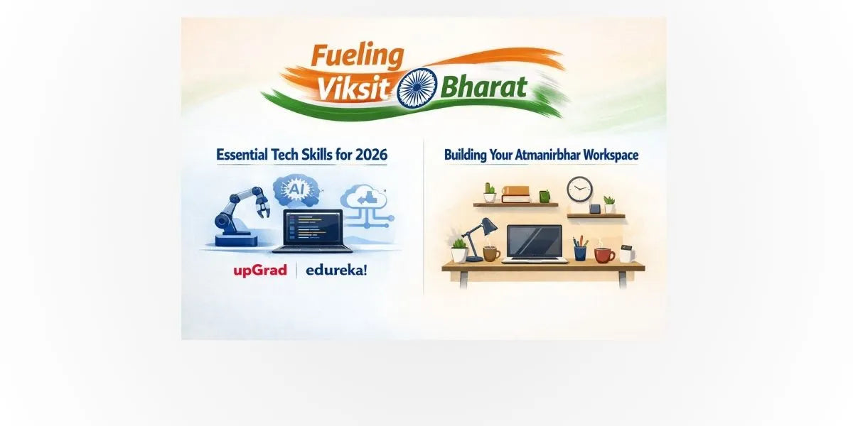 Promotional banner for 'Fueling Viksit Bharat' with educational content and branding elements.