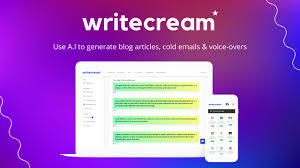 Writecream software interface on a purple background with branding text.