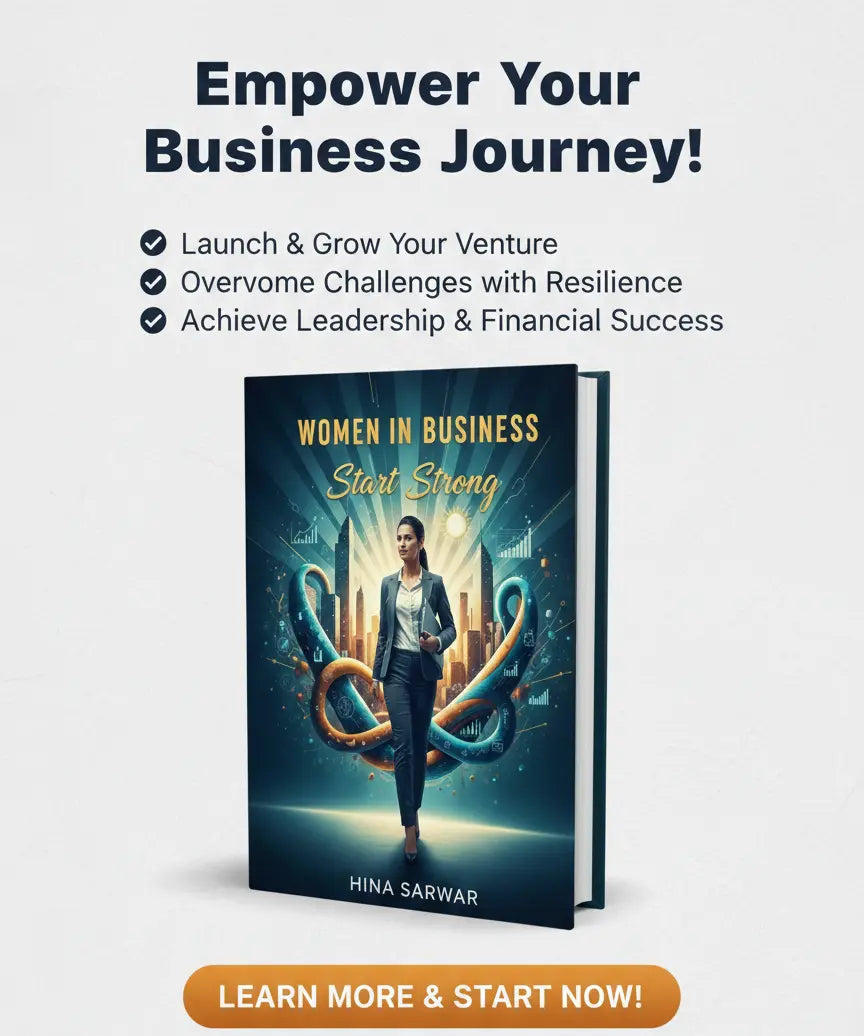 Book titled 'Women in Business Start Strong' by Hina Sarwar with promotional text on a white background