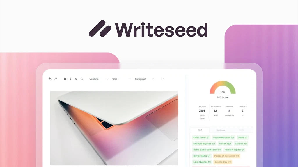 Writeseed software interface with a laptop and document on a gradient background