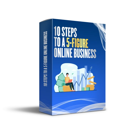 Book or product box titled '10 Steps to a 5-Figure Online Business' on a white background