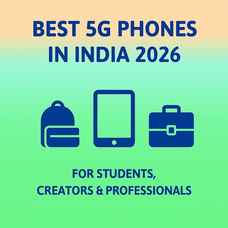 Promotional graphic for 'Best 5G Phones in India 2026' with icons of a backpack, phone, and briefcase on a gradient background.