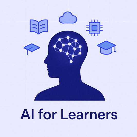 Silhouette of a head with a brain illustration, surrounded by icons on a light blue background with 'AI for Learners' text.