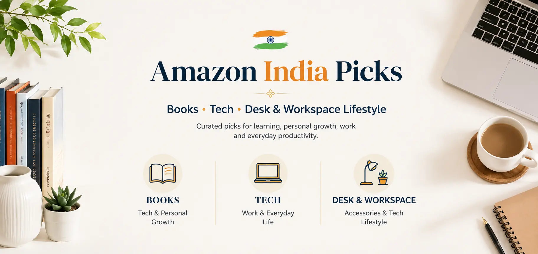 Promotional banner for 'Amazon India Picks' featuring books, a laptop, a coffee cup, and desk accessories arranged around the text 'Amazon India Picks' with categories for Books, Tech, and Desk & Workspace Lifestyle.