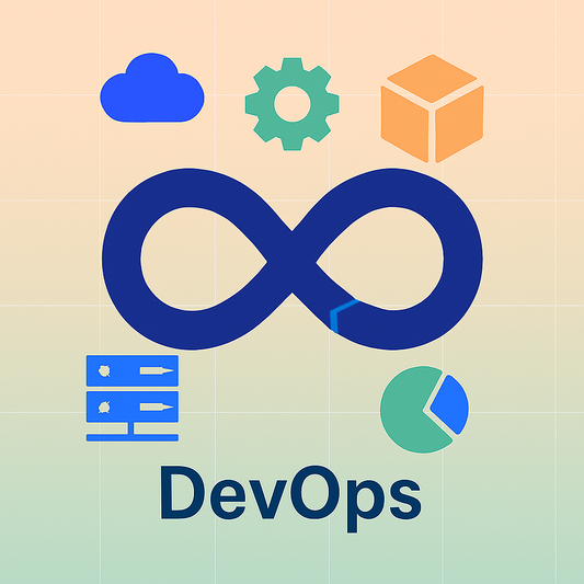 DevOps symbols including a cloud, gear, box, and infinity symbol on a gradient background.