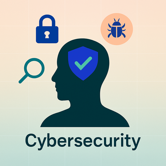 Silhouette of a head with cybersecurity icons and the word 'Cybersecurity' on a gradient background