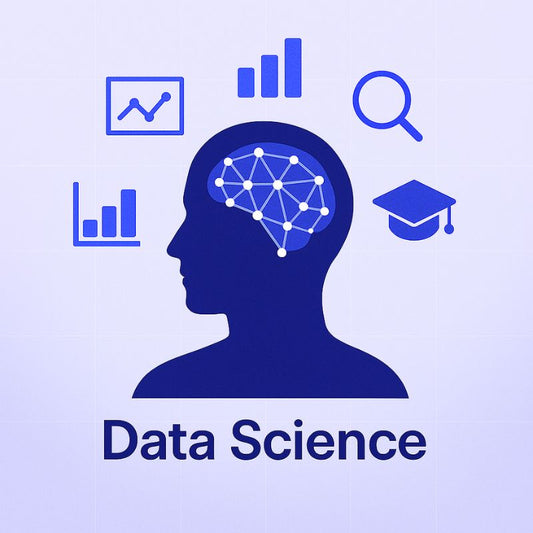Silhouette of a person's head with brain illustration, educational cap, and data icons on a light purple background with 'Data Science' text.