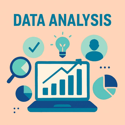 Laptop with bar graph on screen surrounded by icons and 'DATA ANALYSIS' text on a peach background