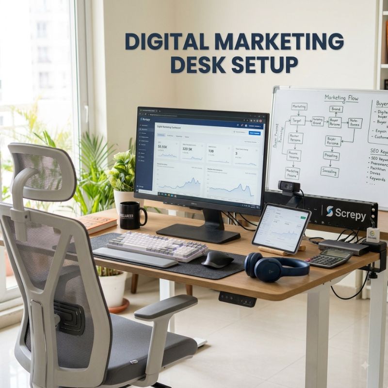 A modern digital marketing desk setup in a bright office space, featuring a wooden desk, a white ergonomic mesh office chair, a dual-monitor desktop setup, a tablet, headphones, and a whiteboard. The text 'DIGITAL MARKETING DESK SETUP' is displayed on the wall above the desk.