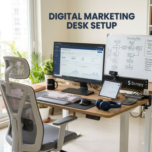 A modern digital marketing desk setup in a bright office space, featuring a wooden desk, a white ergonomic mesh office chair, a dual-monitor desktop setup, a tablet, headphones, and a whiteboard. The text 'DIGITAL MARKETING DESK SETUP' is displayed on the wall above the desk.