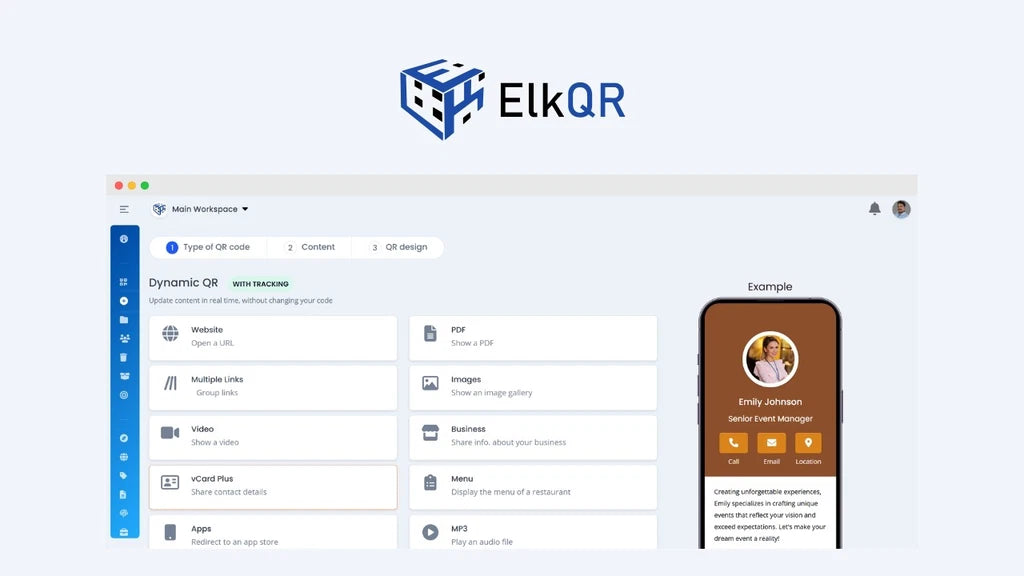Elk QR software interface with user profile and options on a white background