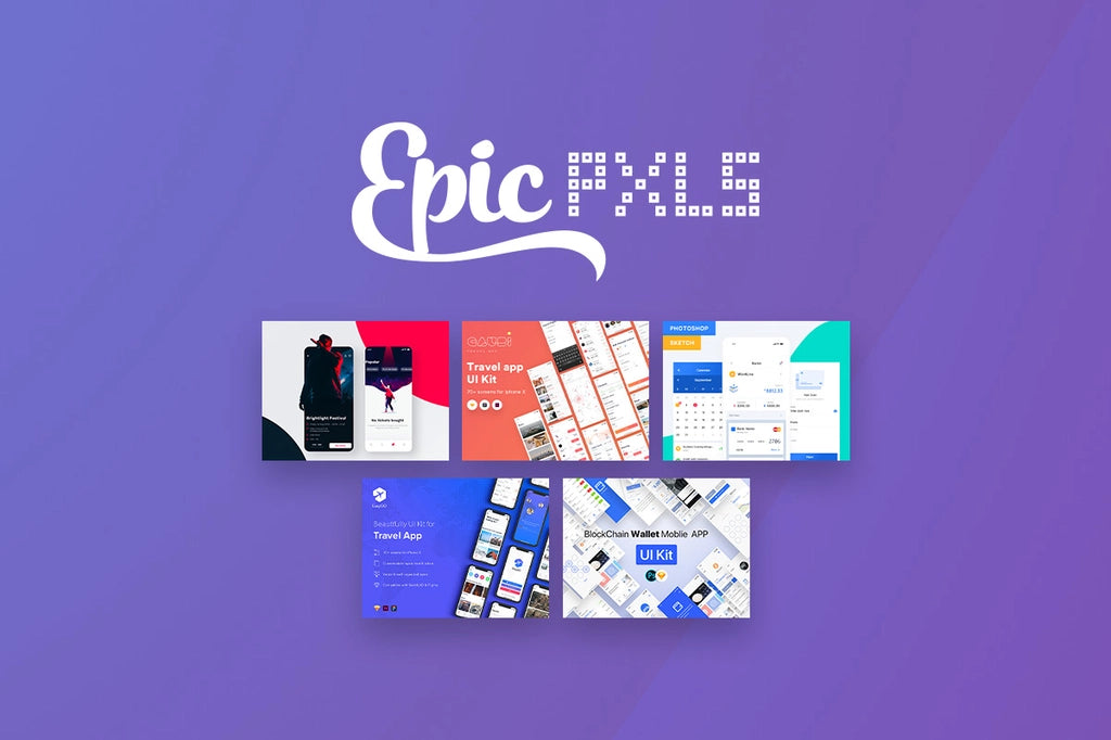 Epic MX logo with various app interface screenshots on a purple background