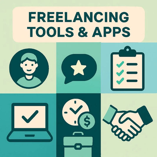 Icons and text related to freelancing tools and apps on a green background