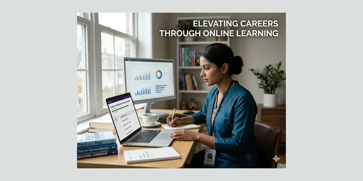 Woman working at a desk with computer and books, with text 'Elevating Careers Through Online Learning' on a light gray background.